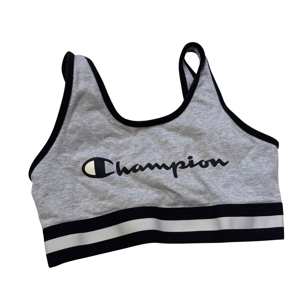 NWOT Champion Heritage Heather Gray Sports Bra Black White Stripe Small